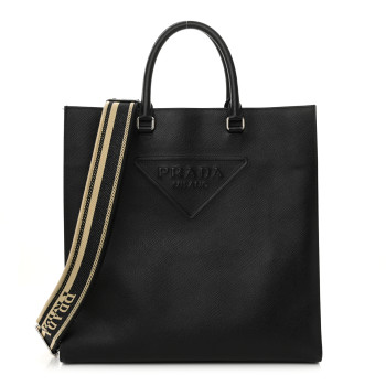 PRADA Saffiano Cuir Triangle Logo Embossed Vertical Tote Black