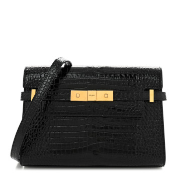 SAINT LAURENT Shiny Calfskin Crocodile Embossed Small Manhattan Baguette Black