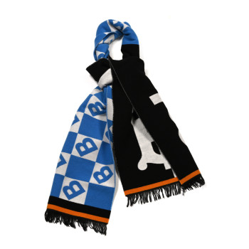 BURBERRY Wool Silk Monogram TB Reversible Fringe Scarf Azure Blue