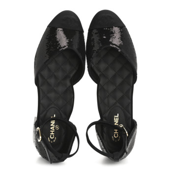 CHANEL Sequin Grosgrain CC Cap Toe Ankle Flat 37.5 Black
