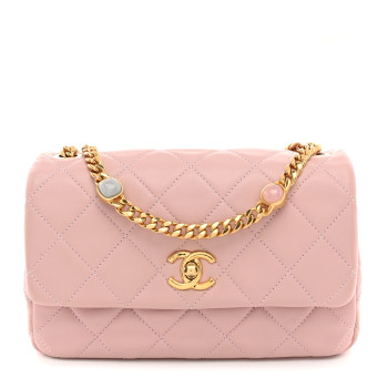 CHANEL Lambskin Resin Pearl Quilted Small Flap Pink