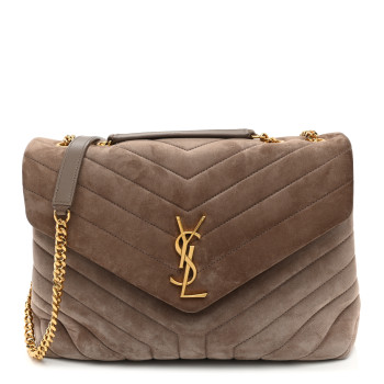 SAINT LAURENT Suede Y Quilted Monogram Medium Loulou Chain Satchel Taupe