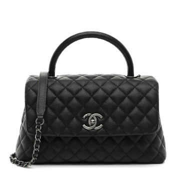 CHANEL Caviar Lizard Embossed Quilted Small Coco Handle Flap Black