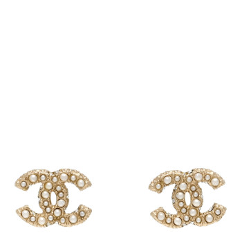 CHANEL Metal Graduated Pearl Crystal CC Earrings Light Gold