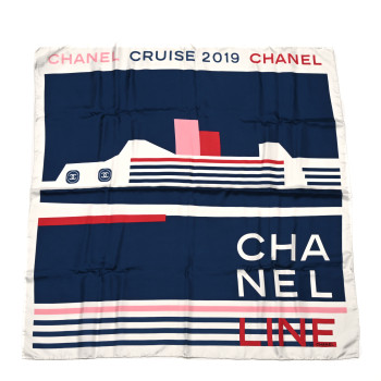 CHANEL Silk Cruise Print CC Square Scarf Blue Red White