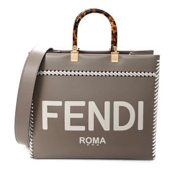 FENDI Vitello King Ceylon Plexiglass Woven Logo Debossed Medium Fendi Sunshine Shopper Tote Tortora