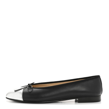 CHANEL Calfskin Metallic Goatskin CC Cap Toe Ballerina Flats 40 Black Silver