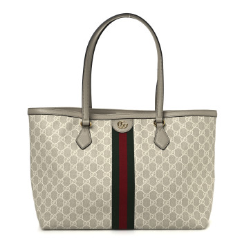GUCCI GG Supreme Monogram Textured Dollar Calfskin Web Large Ophidia Shopping Tote Beige Mystic White Oatmeal