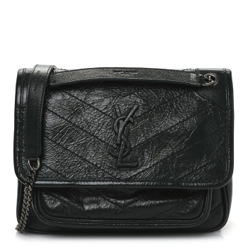 SAINT LAURENT Crinkled Lambskin Matelasse Monogram Baby Niki Chain Satchel Dark Green