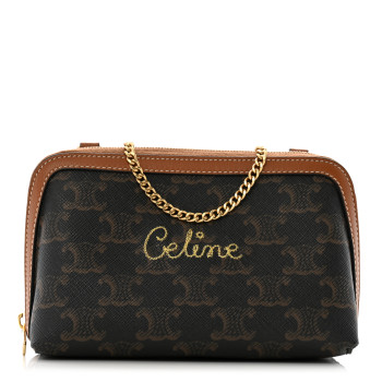 CELINE Lambskin Triomphe Canvas Embroidered Logo Clutch With Chain Tan
