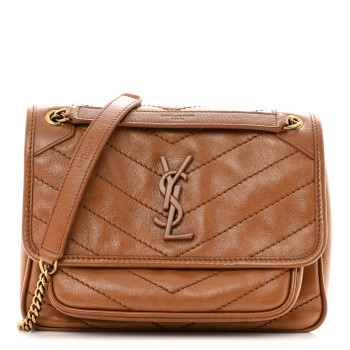 SAINT LAURENT Crinkled Calfskin Matelasse Monogram Baby Niki Chain Satchel Light Caramel