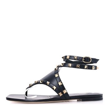 VALENTINO GARAVANI Calfskin Rockstud Ankle Wrap Flat Thong Sandals 37 Black