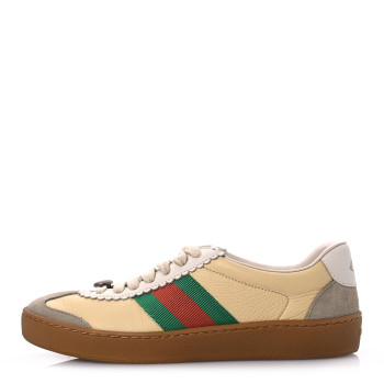 GUCCI Calfskin Suede Web Womens G74 Sneakers 35.5 Oatmeal Burro New Mystic White