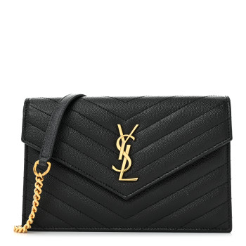 SAINT LAURENT Grain De Poudre Matelasse Chevron Monogram Envelope Chain Wallet Black