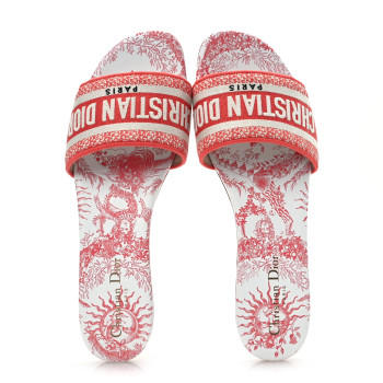 CHRISTIAN DIOR Canvas Soleil Embroidered Dway Flat Slide Sandals 41 Coral