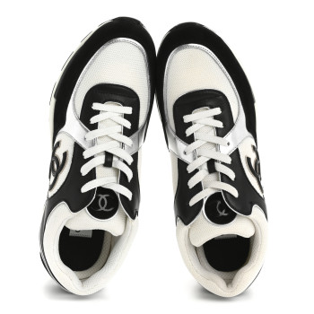 CHANEL Mesh Suede Calfskin Mens CC Sneakers 45 White Silver Black