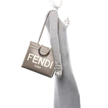 FENDI Vitello King Ceylon Plexiglass Woven Logo Debossed Medium Fendi Sunshine Shopper Tote Tortora