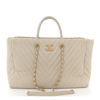 CHANEL Caviar Chevron Quilted Coco Handle Shopping Tote Ivory