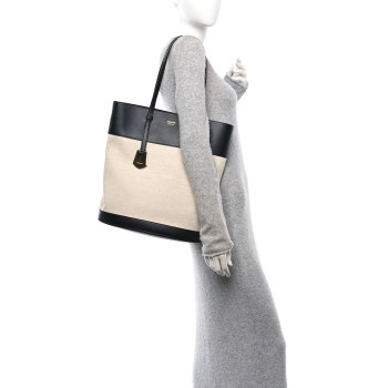 SALVATORE FERRAGAMO Canvas Calfskin North South Charming Tote Natural Black