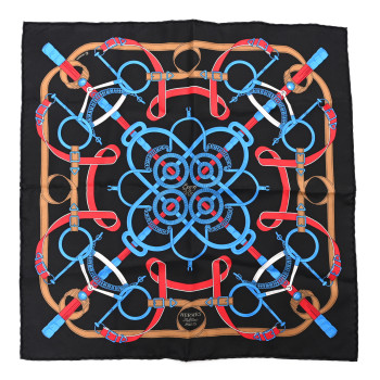 HERMES Silk Eperon D'Or Pocket Square Scarf Black Bleu Vif Rouge