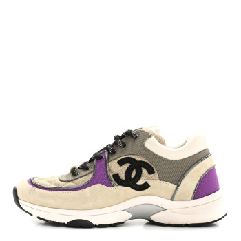 CHANEL Fabric Suede Calfskin Womens CC Sneakers 38.5 Beige Dark Beige Purple