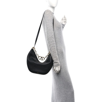 VALENTINO GARAVANI Grainy Calfskin Small Vlogo Moon Hobo Bag Black