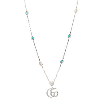 GUCCI Sterling Silver Blue Topaz Mother of Pearl Turquoise Double GG Pendant Necklace