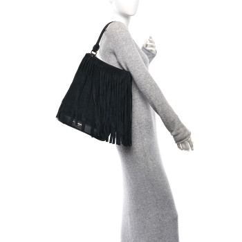 BURBERRY Prorsum Suede Fringe Bucket Bag Black