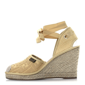 FENDI Canvas FF Embroidered Roma Ankle Wrap Wedge Espadrilles 40 Natural