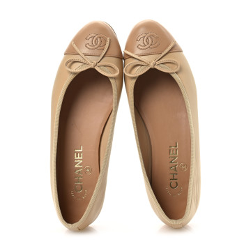 CHANEL Lambskin Cap Toe CC Ballerina Flats 37.5 Beige Light Beige