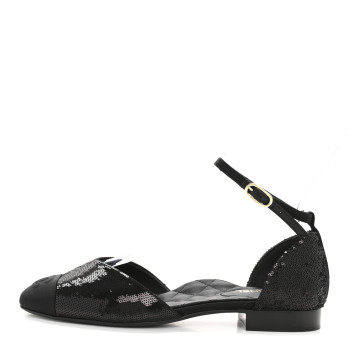 CHANEL Sequin Grosgrain CC Cap Toe Ankle Flat 37.5 Black