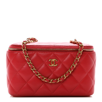 CHANEL Lambskin Quilted Small Pearl Crush Vanity Case With Chain Red