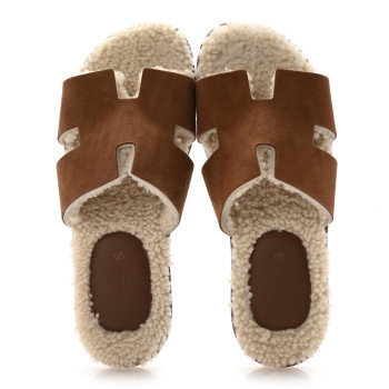 HERMES Suede Goatskin Shearling Mens Izmir Sandals 42 Marron Teck Ecru