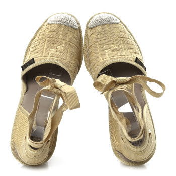 FENDI Canvas FF Embroidered Roma Ankle Wrap Wedge Espadrilles 40 Natural