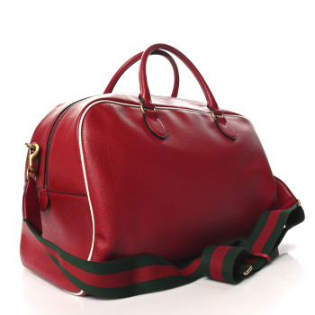 GUCCI X ADIDAS Textured Dollar Calfskin Web Trefoil Large Bowling Bag Hibiscus Red Off White