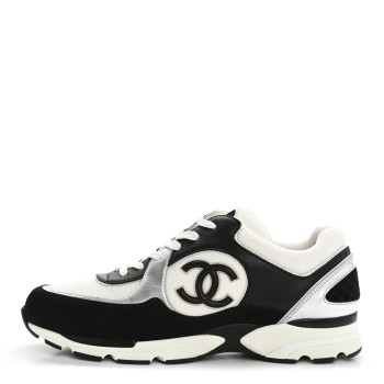 CHANEL Mesh Suede Calfskin Mens CC Sneakers 45 White Silver Black
