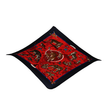 HERMES Silk Plisse Tendresse Feline Scarf 90 Red Blue Multicolor