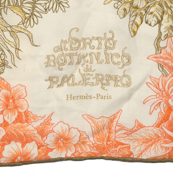 HERMES Cashmere Silk All 'Orto Botanico Di Palermo Shawl 140 Orange White Vert Chartreuse