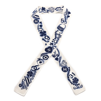 CHANEL Silk CC Slim Bandeau Scarf White Blue