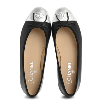 CHANEL Calfskin Metallic Goatskin CC Cap Toe Ballerina Flats 40 Black Silver