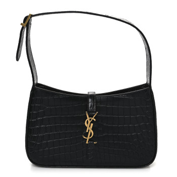 SAINT LAURENT Calfskin Crocodile Embossed Le 5 A 7 Hobo Black