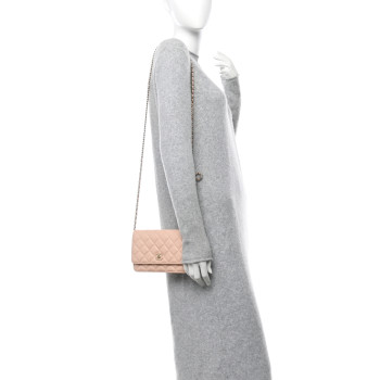 CHANEL Caviar Quilted Bow Wallet On Chain WOC Light Beige