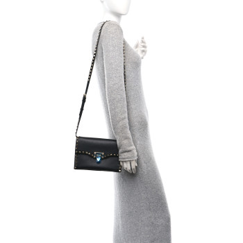 VALENTINO GARAVANI Pebbled Calfskin Medium Rockstud Flip Lock Crossbody Bag Black