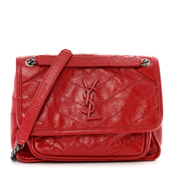SAINT LAURENT Crinkled Calfskin Matelasse Monogram Baby Niki Chain Satchel Rouge Eros