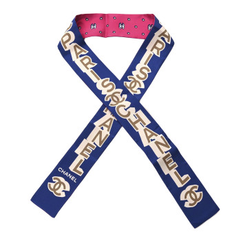 CHANEL Silk Twill Slim Bandeau Scarf Blue Ecru Beige