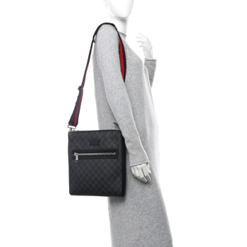GUCCI GG Supreme Monogram Appia Calfskin Web Flat Messenger Bag Black Grey