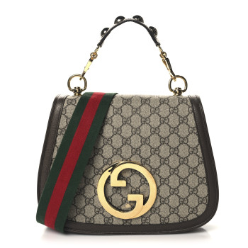 GUCCI GG Supreme Monogram Textured Dollar Calfskin Web Medium Blondie Top Handle Shoulder Flap Bag Beige Ebony New Acero