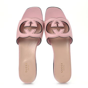 GUCCI Cosmos Softy Calfskin Interlocking G Cut Out Slide Sandals 39 Candy Cotton