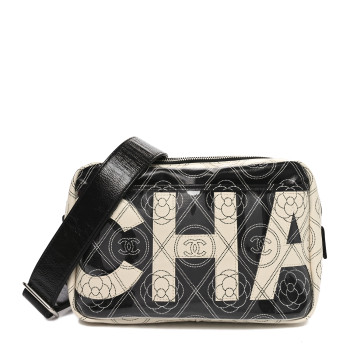 CHANEL Coated Canvas Calfskin Camellia Printed Camera Case Black Beige