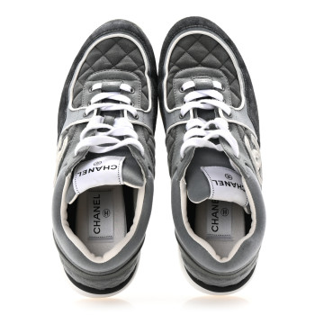 CHANEL Fabric Suede Calfskin Quilted CC Sneakers 40 Dark Grey